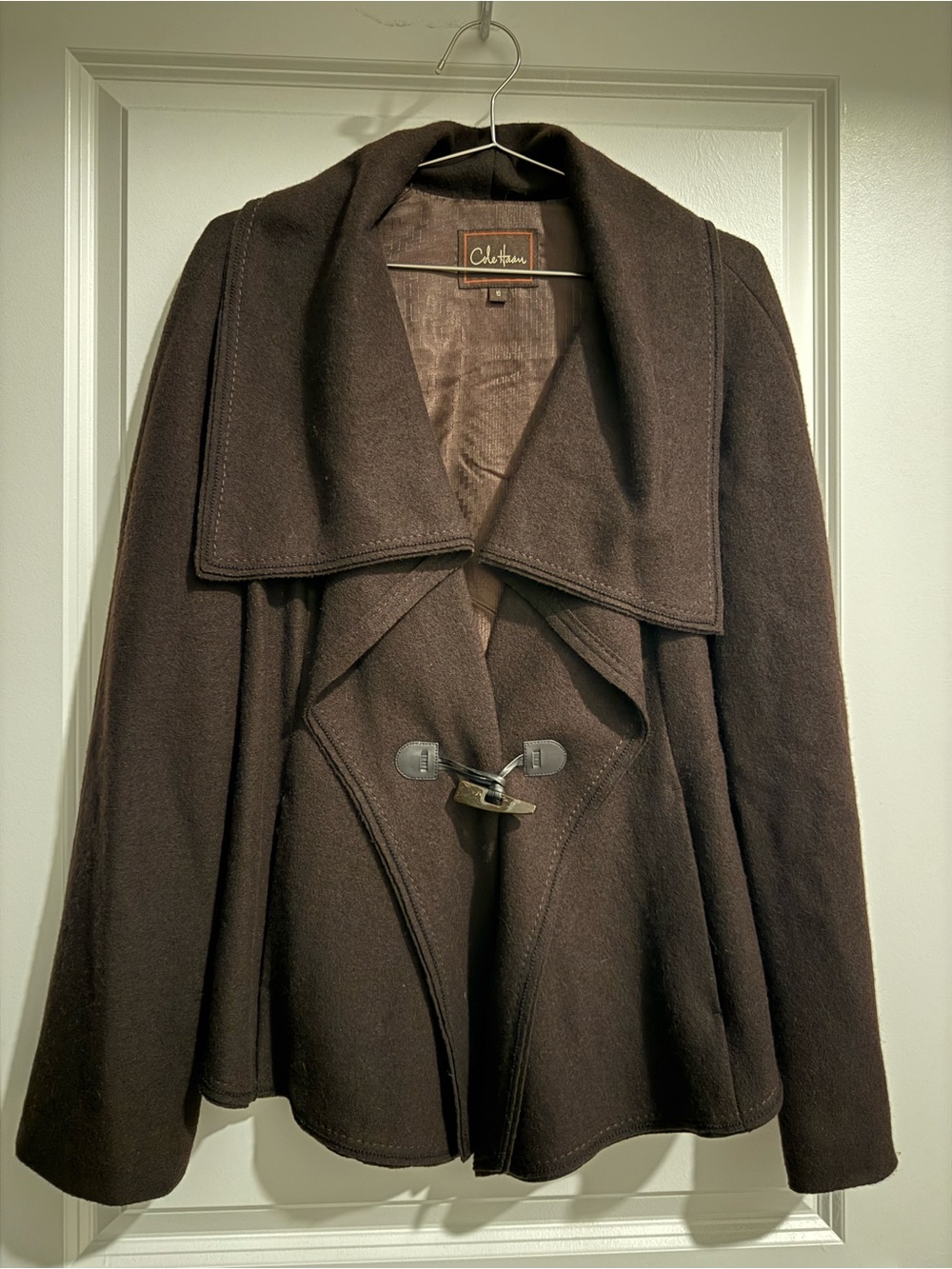 Cole Haan Brown Wool Baby Alpaca Draped Collar Toggle Coat, Size 10